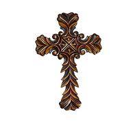 Ajuny Wooden Wall Cross Mango Wood Hand Carved Leaf Burnt Finish Design Christian Wall Hanging Vintage Religious Catholic Prayer Cross for Church Chapel Living Room Altar & Hallway Décor (12x17.5 In)