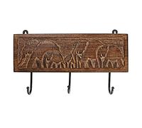 Ajuny Wooden Wall-Mounted Coat Rack with Elephant Carving 3 Hooks Pre-Drilled Holes for Hanging Clothes Keys Towel & Robe Hooks for Hallway Bathroom & Bedroom Home Decor Gifts (37.5 × 21 cm)
