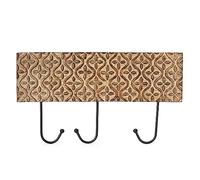 Ajuny Wooden Wall-Mounted Coat Rack with Floral Leaf Carving 3 Hooks Pre-Drilled Holes for Hanging Clothes Keys Towel & Robe Hooks for Hallway Bathroom & Bedroom Home Decor Gifts (37.5 × 21 cm)