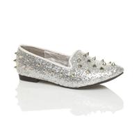 Ajvani Flat Heel Studded Spike Diamante Loafers In Silver Silver