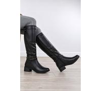Ajvani Flat Stretch Calf Zip Knee Biker Boots In Black Black