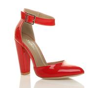 High Block Heel Ankle Strap Pointed Toe Patent 2 Part Heels AJVANI Red 5