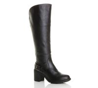 High Block Heel Chunky Biker Knee High Boots AJVANI Black 6
