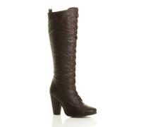Ajvani High Block Heel Lace Up Victorian Style Faux Leather Knee High Boots In Brown Brown 3