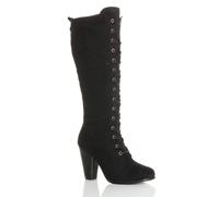 Ajvani High Block Heel Lace Up Victorian Style Faux Suede Knee High Boots In Black Black 4