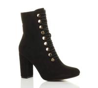 High Block Heel Military Gold Button Faux Suede Ankle Boots AJVANI Black 3