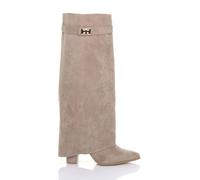 Ajvani High Block Heel Pointed Toe Fold Over Knee Boots In Khaki Khaki