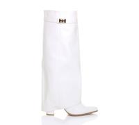 Ajvani High Block Heel Pointed Toe Fold Over Knee Boots In White White