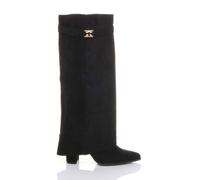 Ajvani High Block Heel Pointed Toe Fold Over Knee High Boots In Black Black 5