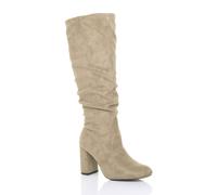 Ajvani High Block Heel Ruched Calf Knee Wide Fitting Boots In Beige Beige
