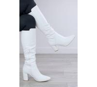 Ajvani High Block Heel Stretch Zip Under The Knee Calf Boots In White White 8