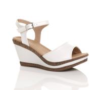 Ajvani High Heel Ankle Strap Cork Sandals Faux Leather Wedges In White White