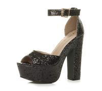AJVANI high Heel Platform Ankle Strap peep Toe Shoes Sandals Size 4 37 Black Glitter