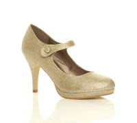 Ajvani High Slim Heel Mary Jane Glitter Mesh Court Shoes In Gold Gold