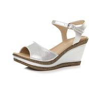High Heel Ankle Strap Cork Sandals Shimmer Wedges AJVANI Silver 7