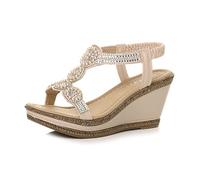 High Wedge Heel Diamante T-Bar Slingback Sandals AJVANI Beige 5