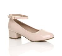 Ajvani Low Block Heel Comfort Ankle Strap Patent Court Shoes In Nude Nude 8