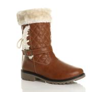 Ajvani Low Block Heel Quilted Faux Fur Lined Grip Sole Calf Boots In Tan Tan
