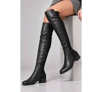 Ajvani Low Heel Elastic Gold Zip Over The Knee Boots In Black Black