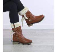 Ajvani Low Heel Faux Fur Lined Winter Mid Calf Boots In Tan Tan