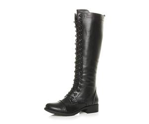 AJVANI low heel flat chunky zip lace up calf knee high military biker boots size 7 40