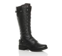 Ajvani Low Heel Lace Up Calf Military Faux Leather Biker Boots In Black Black