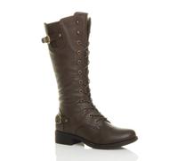 Ajvani Low Heel Lace Up Calf Military Faux Leather Biker Boots In Brown Brown