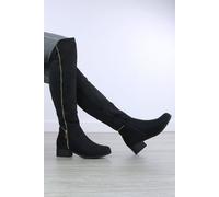 Ajvani Low Heel Stretchy Gold Zip Over The Knee Boots In True Black True Black