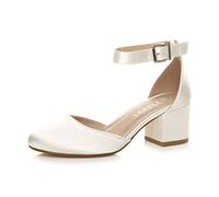 AJVANI Low mid Block Heel Ankle Strap Court Shoes Sandals Ivory Satin