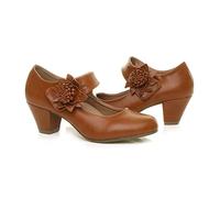 AJVANI Low mid Block Heel Mary Jane Strap Flower Padded Comfort Shoes Size 4 37 Tan