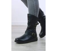 Ajvani Low Wedge Biker Comfort Calf Boots In Black Black