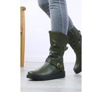 Ajvani Low Wedge Biker Comfort Calf Boots In Khaki Khaki