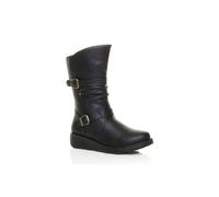 Ajvani Low Wedge Heel Comfort Calf Biker Boots In Black Black
