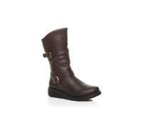 Ajvani Low Wedge Heel Comfort Calf Biker Boots In Brown Brown