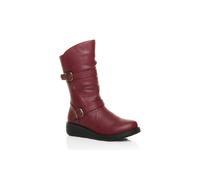 Ajvani Low Wedge Heel Comfort Calf Biker Boots In Burgundy Burgundy