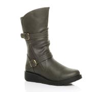 Ajvani Low Wedge Heel Comfort Calf Biker Boots In Khaki Khaki