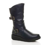 Ajvani Low Wedge Heel Comfort Calf Biker Boots In Navy Navy