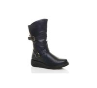 Ajvani Low Wedge Heel Comfort Calf Biker Boots In Navy Navy