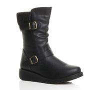 Ajvani Low Wedge Heel Comfort Calf Faux Leather Biker Boots In Black Black