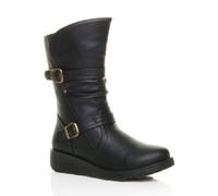 Ajvani Low Wedge Heel Comfort Calf Faux Leather Biker Boots In Black Black