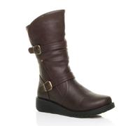 Ajvani Low Wedge Heel Comfort Calf Faux Leather Biker Boots In Brown Brown