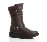 Ajvani Low Wedge Heel Comfort Calf Faux Leather Biker Boots In Brown Brown 6