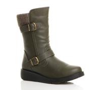 Ajvani Low Wedge Heel Comfort Calf Faux Leather Biker Boots In Khaki Khaki
