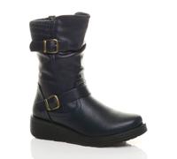 Ajvani Low Wedge Heel Comfort Calf Faux Leather Biker Boots In Navy Navy 8