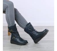 Ajvani Low Wedge Heel Knit Collar Biker Calf Boots In Navy Navy