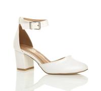 Ajvani Mid Block Heel Ankle Strap Faux Leather 2 Part Heels In White White