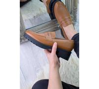 Ajvani Mid Block Heel Chunky Platform Shoes Penny Loafers In Tan Tan