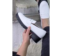 Ajvani Mid Block Heel Chunky Platform Shoes Penny Loafers In White White