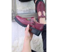 Ajvani Mid Block Heel Chunky Platform T-Bar Brogue Mary Janes In Burgundy Burgundy