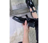 Ajvani Mid Block Heel Chunky Platform T-Bar Brogue Mary Janes In Jet Black Jet Black